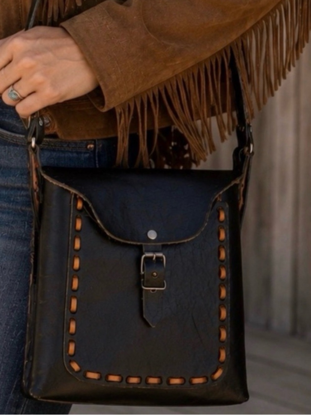 Vintage Handmade Black Leather Crossbody Bag Saddlebag Style Boho Western Purse
